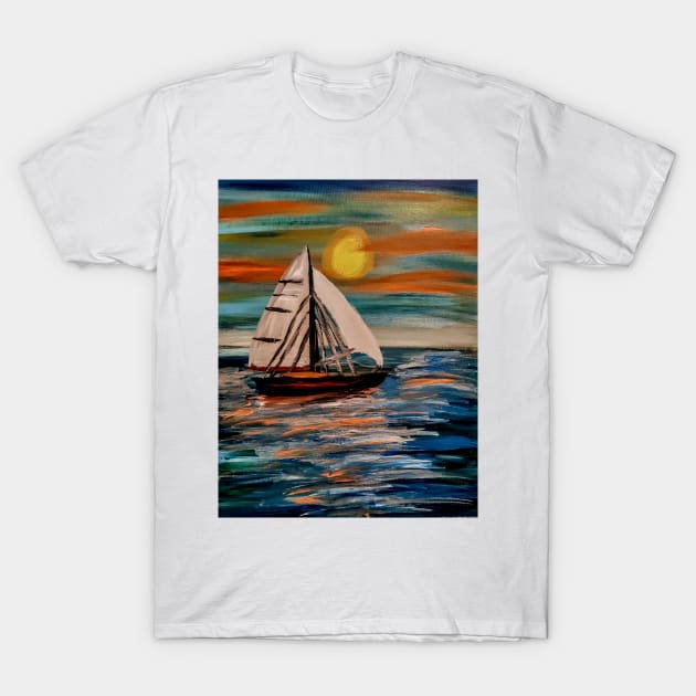 Sailing ship in the open ocean at sunset T-Shirt by kkartwork